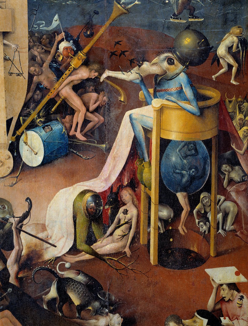 Helvetesdetaljen av den högra delen av triptyken "The Garden of Terrestrial Delices"" av Hieronymus Van Aken (Aken) dit Jerome Bosch (1450-1516) av Hieronymus Bosch