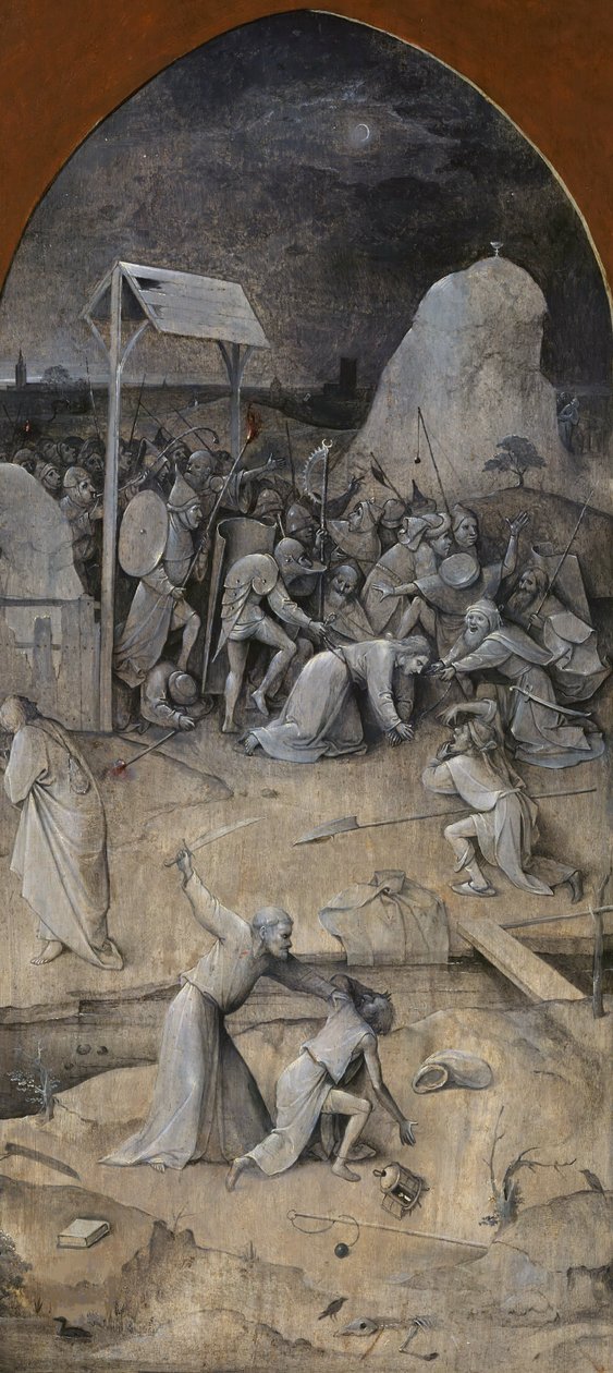 Frestelsen av Sankt Antonius. Triptyk, omvänd: The Capture of Christ, 1500-1501. av Hieronymus Bosch