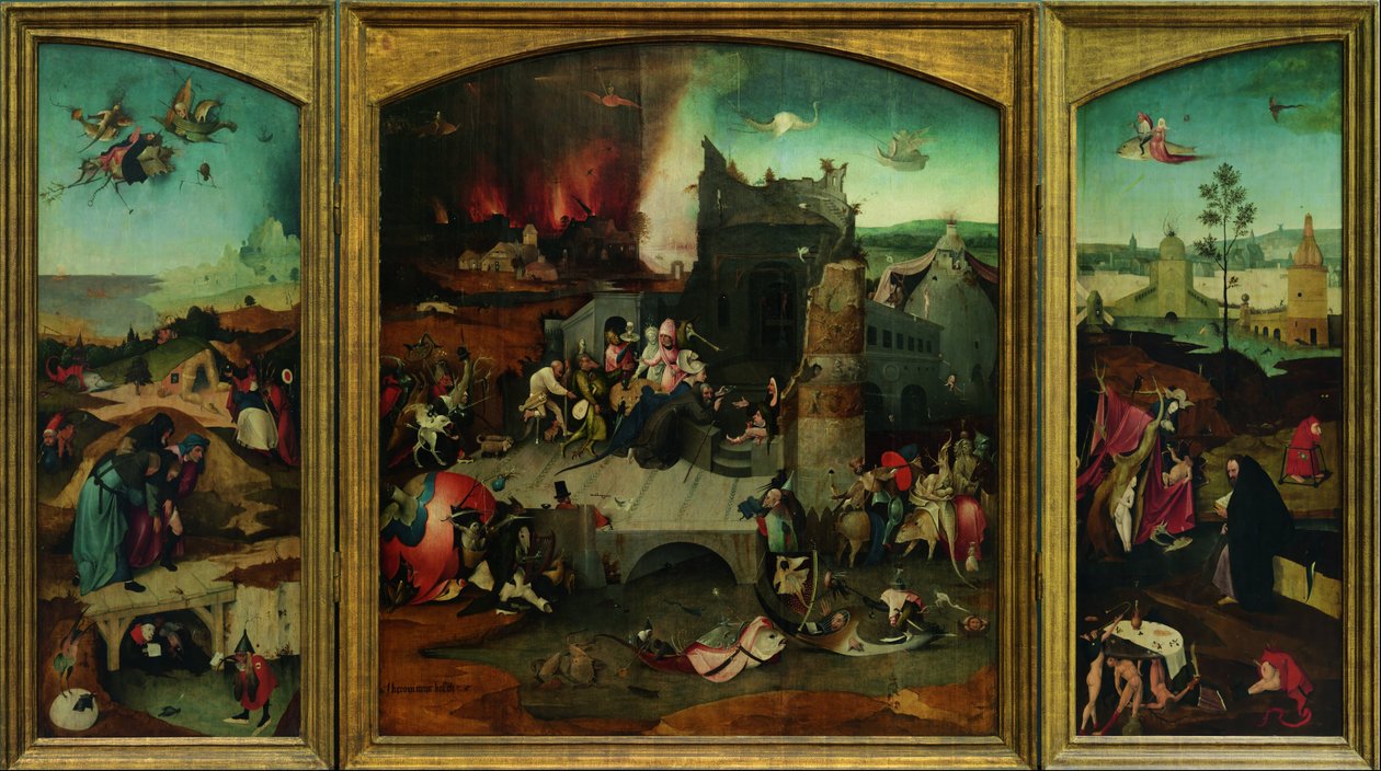 Frestelsen av Sankt Antonius. Högupplöst reproduktion från Google Art Project. Det övre vänstra hörnet måste omsamplas av Hieronymus Bosch