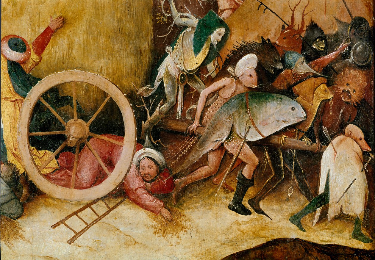 Hötanken eller hötriptyken (hövagn): Centralpaneldetalj. Monsterfigurer, antropomorfa karaktärer och en man kraschar under ett hjul. Målning av Hieronymus Van Aeken (Aken) dit Jerome Bosch (1450-1516) av Hieronymus Bosch