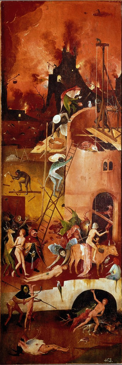 Hötryptiken: infernaliska konstruktioner. Höger innerpanel. Målning på trä av Hieronymus Van Aeken (Aken) dit Jerome Bosch (1450-1516) 1500-1502 Dim. 140x232 cm Real Monasterio de El Escorial, El Escorial, Spanien av Hieronymus Bosch