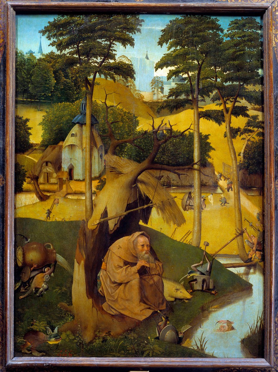 Frestelsen av Sankt Antonius Eremiten Sankt Antonius den store (251-356) (eller Sankt Antonius eremit eller Sankt Antonius abbe) utsätts för djävulens frestelser i öknen. Målning av Hieronymus Van Aeken (Aken) dit Jerome Bosch (1450- av Hieronymus Bosch