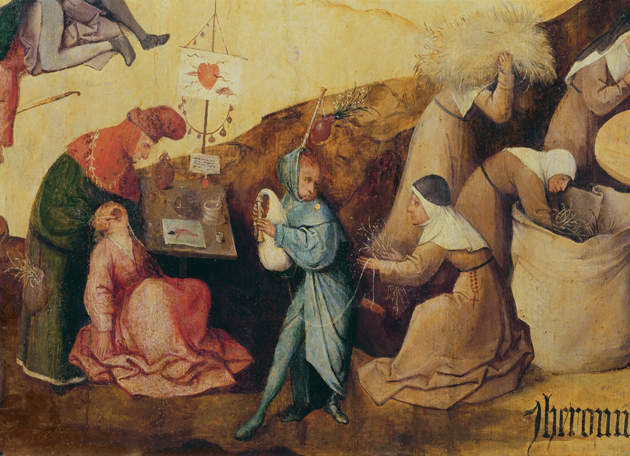 Tanddragaren, säckpipsspelaren och träsamlarna, detalj av centralpanelen i The Haywain Triptych, ca 1515 (detalj av 3429) av Hieronymus Bosch