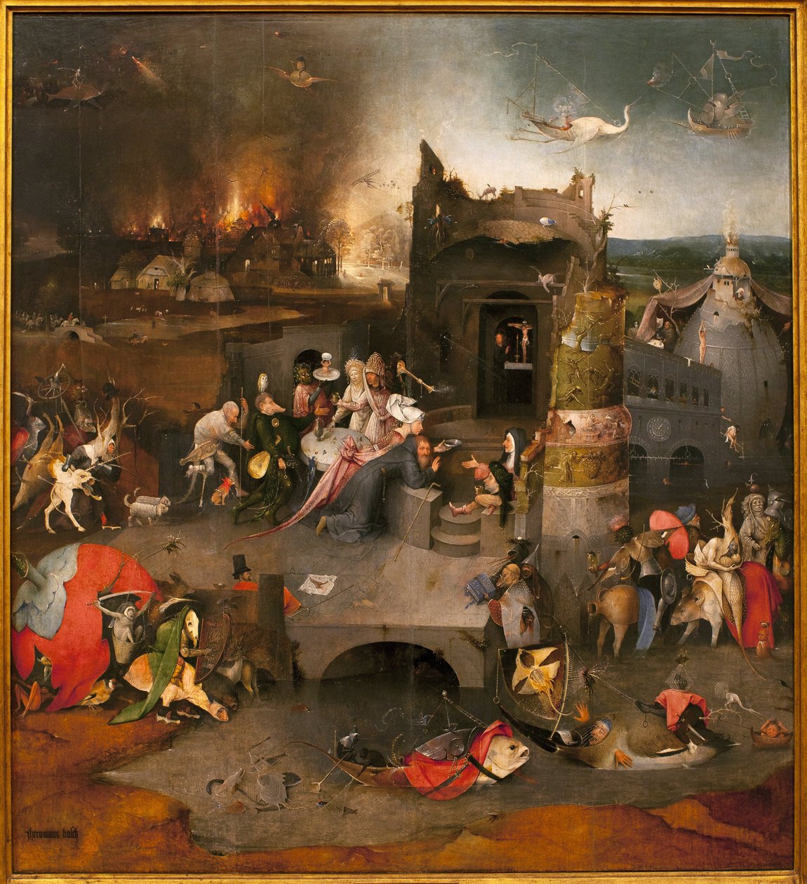 Triptyk av frestelser - central del: frestelsen av Sankt Antonius den store (eller Sankt Antonius Eremiten eller Sankt Antonius abbediet. Målning av Hieronymus Van Aeken (Aken) dit Jerome Bosch (1450-1516), olja på trä, cirka 1500 ( Triptyk av frestaren av Hieronymus Bosch