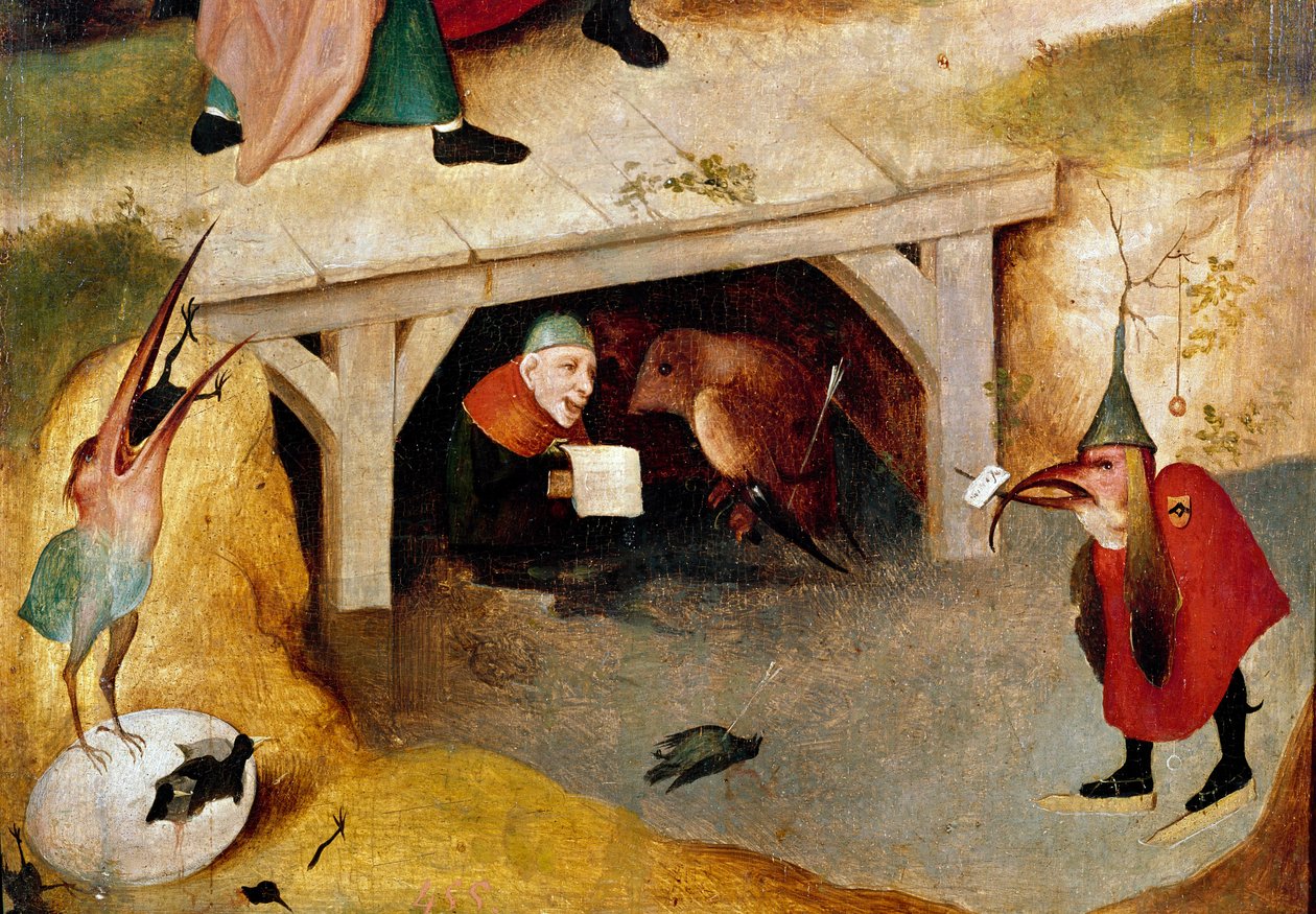 Triptyk av frestelser, detalj. Vänster sida: Sankt Antonius den stores flykt och fall (eller Sankt Antonius Eremiten eller Sankt Antonius Abbe. Målning av Hieronymus Van Aeken (Aken) dit Jerome Bosch (1450-1516) av Hieronymus Bosch