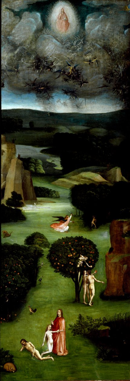 Tryptic of the Last Judgment (Das Weltgerichts-Triptychon): vänster panel som representerar Adam och Eva i paradiset. Från botten till toppen: Evas skapelse (födelse), Adams och Evas frestelse (arvsynden) och deras utvisning från Edens lustgård. Topp: av Hieronymus Bosch