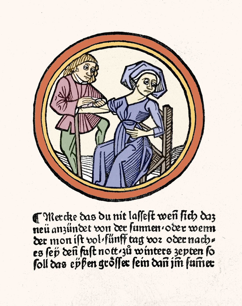 En kvinnas blödning. Xylografi hämtad från "Buch de Surgery"" av Hyeronimus Braunschweig. Strasbourg 1497 av Hieronymus Brunschwig