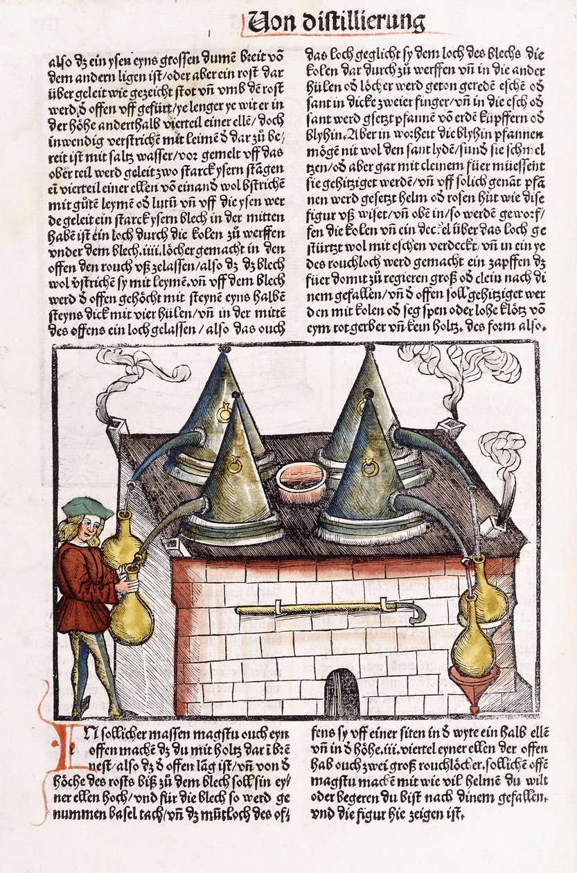 Illustration av ett destilleri från sent 1400-tal för att utvinna eteriska oljor från växter, 1500 av Hieronymus Brunschwig