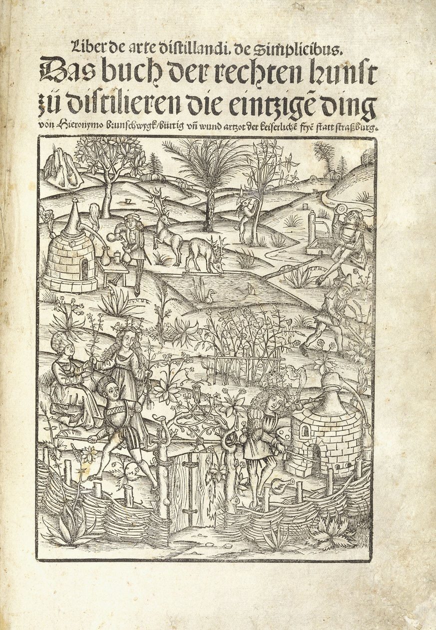 Titelsida, illustrerande örtdestillerier med figurer i ett landskap av Hieronymus Brunschwig