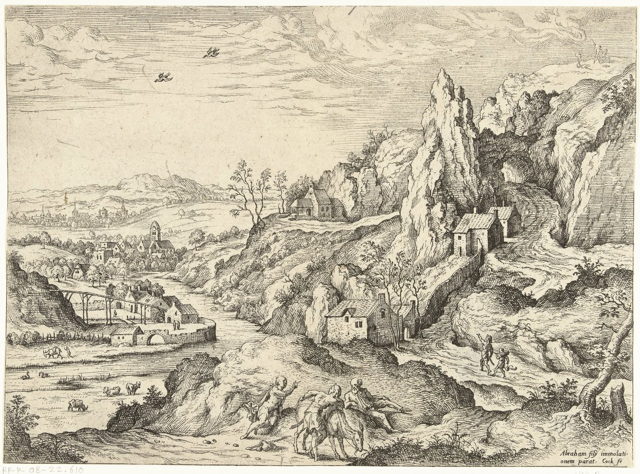 Abraham och Isak på väg till offerplatsen Landskap med bibliska och mytologiska scener (serietitel) av Hieronymus Cock