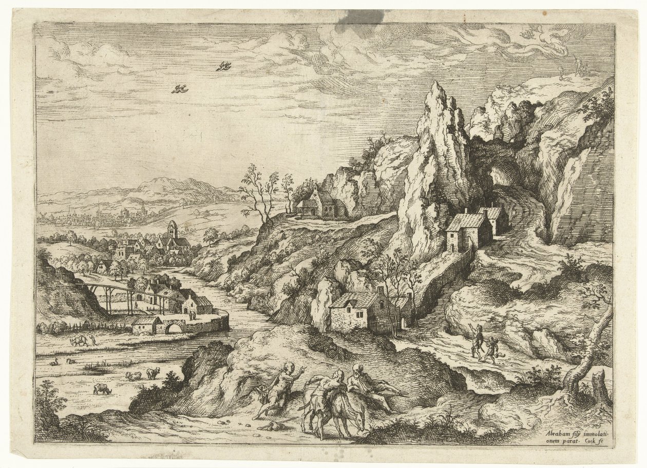 Abraham och Isak på väg till offerplatsen Landskap med bibliska och mytologiska scener (serietitel) av Hieronymus Cock
