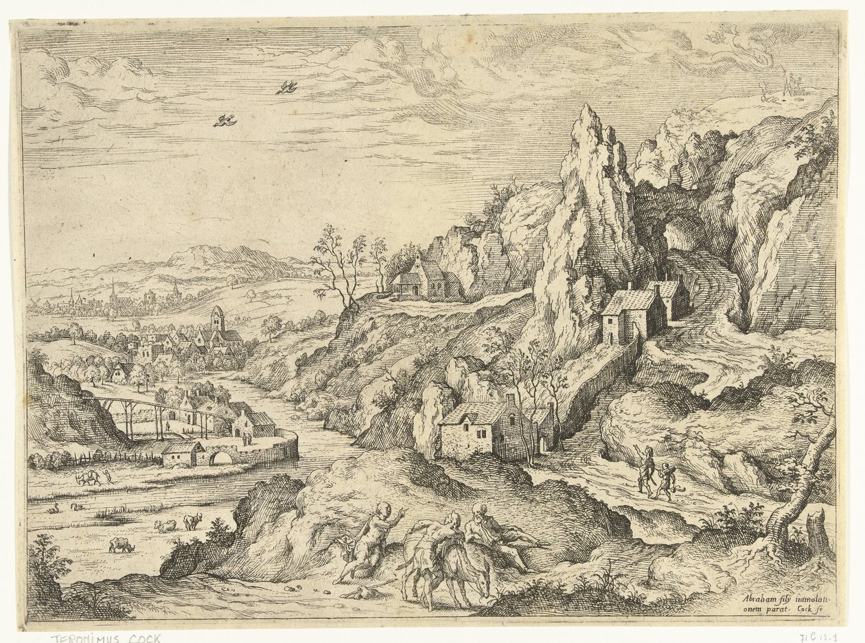 Abraham och Isak på väg till offerplatsen Landskap med bibliska och mytologiska scener (serietitel) av Hieronymus Cock