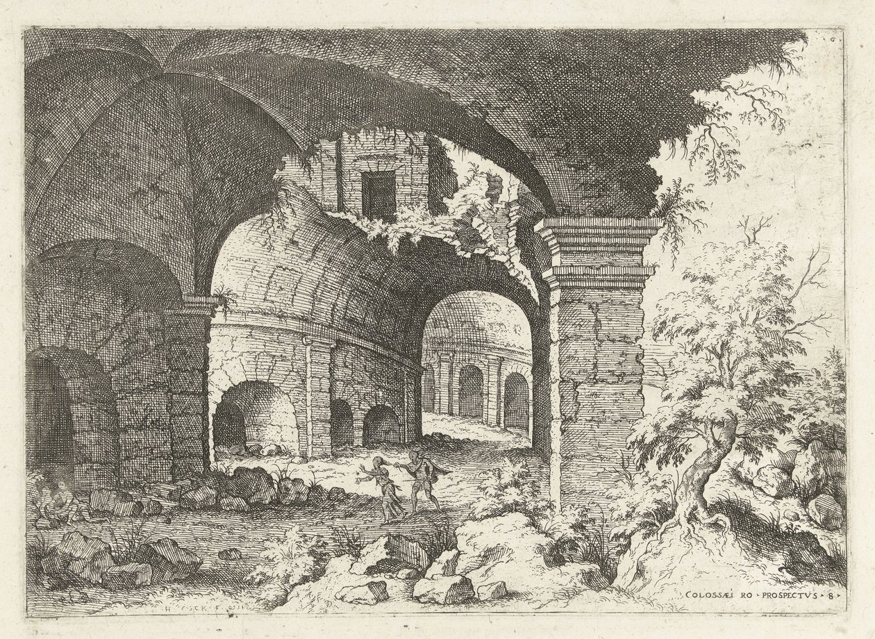 Åttonde utsikten över Colosseum i Rom Colossi to prospect vs 8 (titel på objekt) Romerska ruiner (serietitel) av Hieronymus Cock