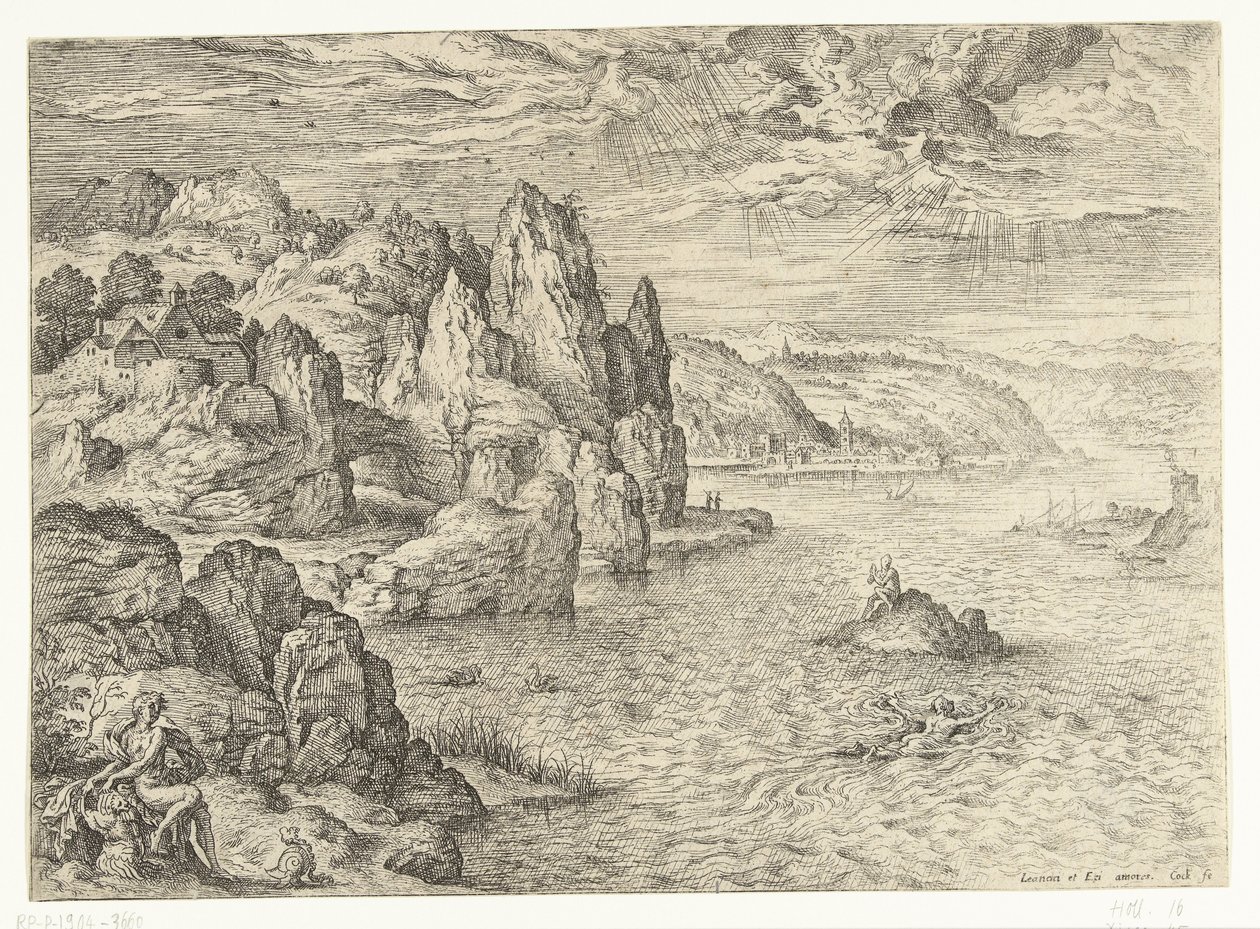 Kustlandskap med Hero och Leander Hero och Leander Landskap med bibliska och mytologiska scener (serietitel) av Hieronymus Cock