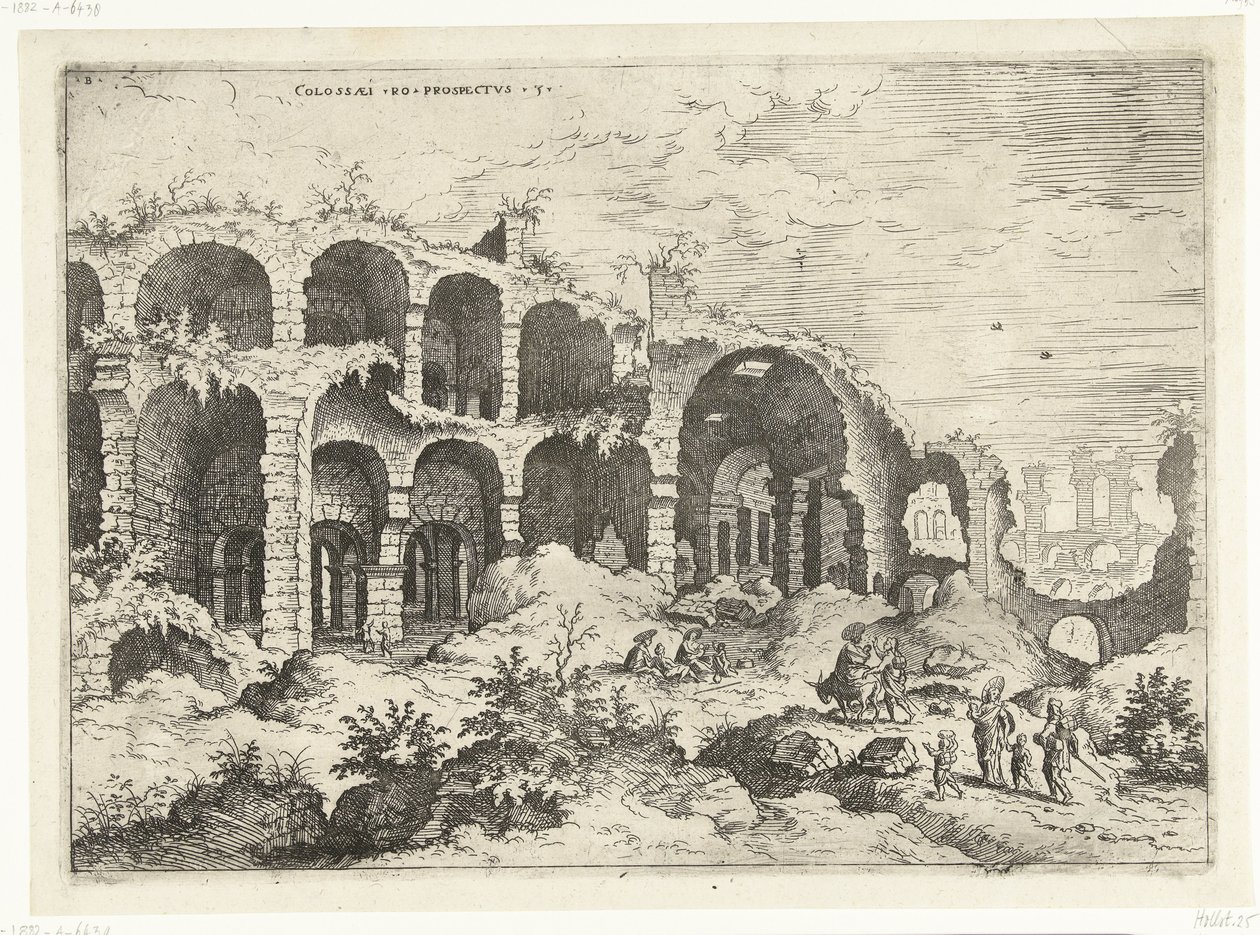 Tredje utsikten över Colosseum i Rom Colossæi till prospekt vs (titel på objekt) Romerska ruiner (serietitel) av Hieronymus Cock