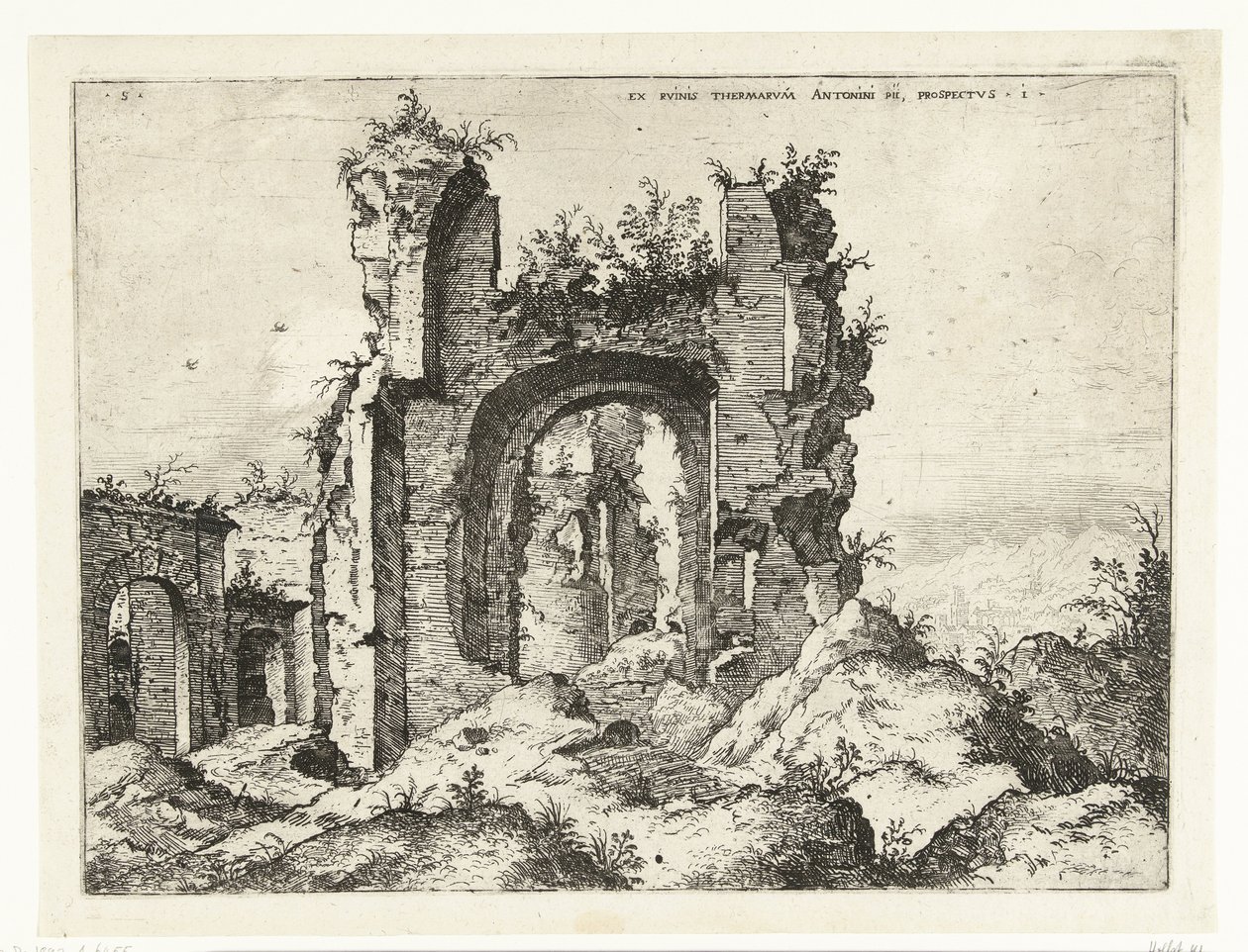 Första utsikten över Caracalla-baden Ex Rvinis Thermarvm Antonii Pii (...) (titel på objekt) Romerska ruiner (serietitel) av Hieronymus Cock