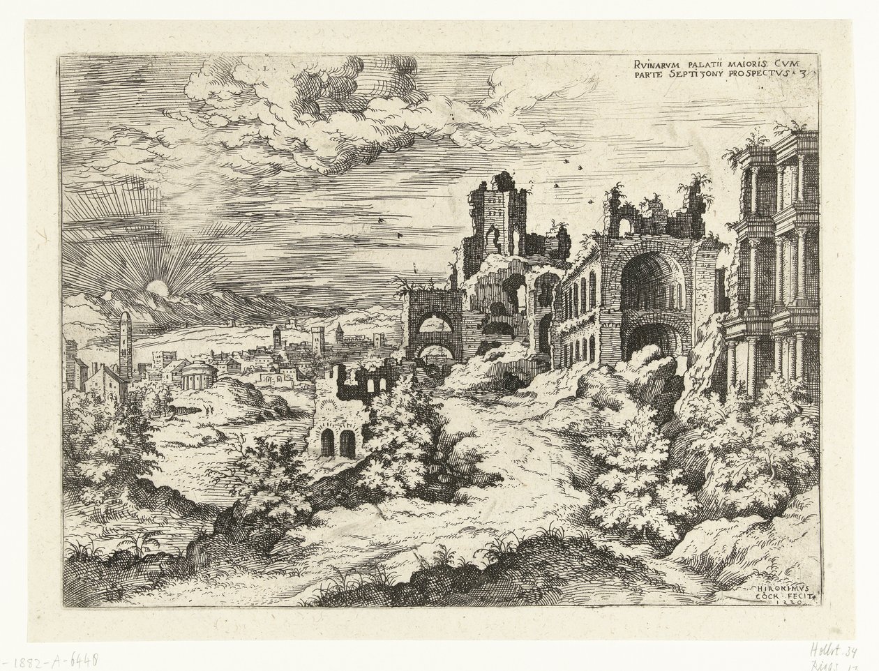 Utsikt över Palatine Hill med soluppgången Rvinarvm palatii maioris (...) (titel på objekt) Romerska ruiner (serietitel) av Hieronymus Cock