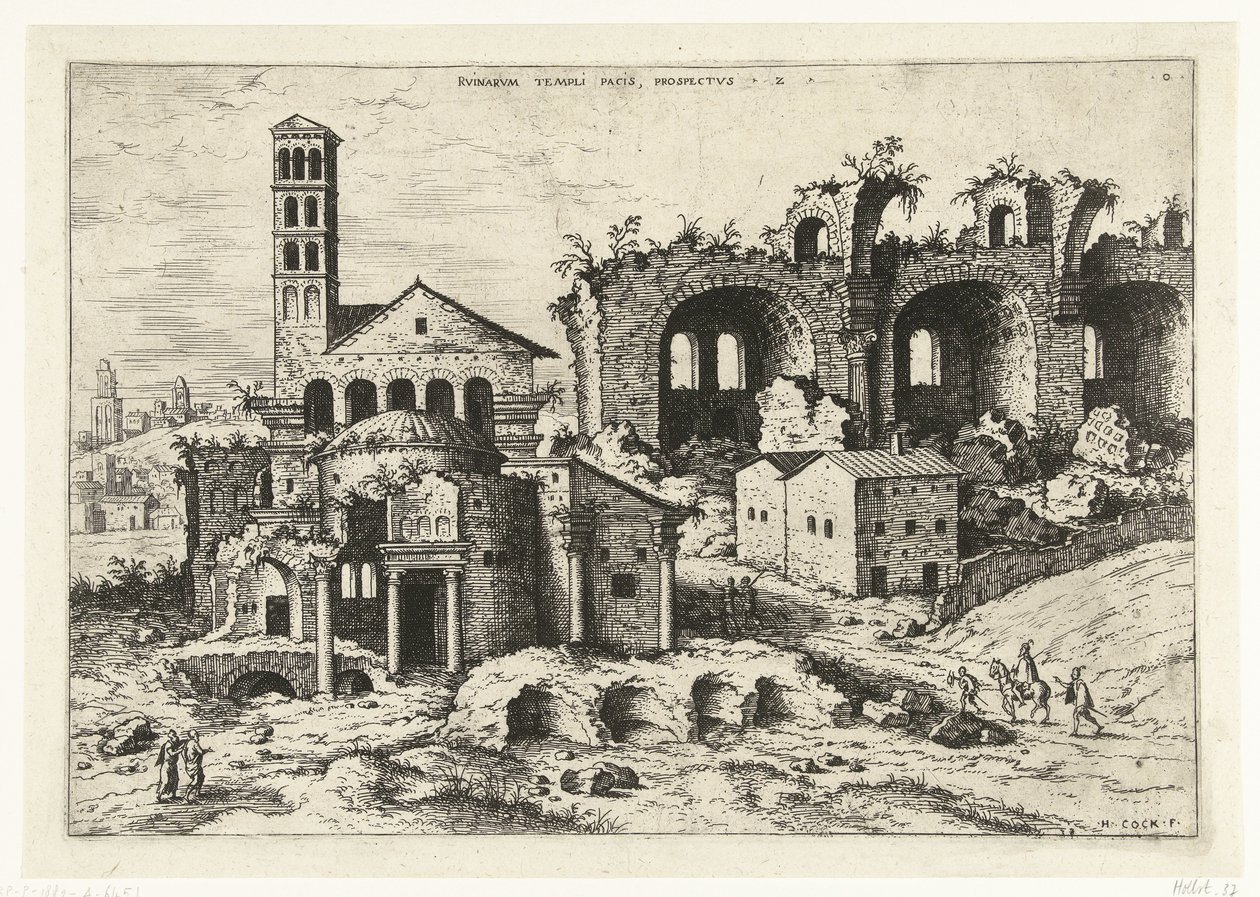Utsikt över Romulustemplet och Konstantinbasilikan Rvinarvm Templi Pacis (...) (titel på objekt) Romerska ruiner (serietitel) av Hieronymus Cock