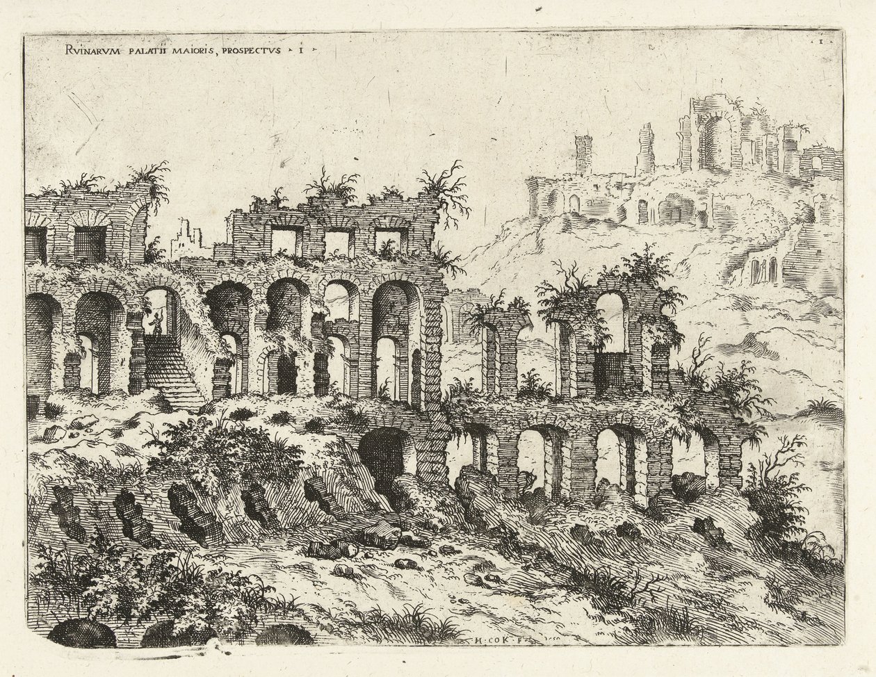 Utsikt över Colosseum och Palatinen Rvinarvm palatii maioris, prospectvs 1 (titel på objekt) Romerska ruiner (serietitel) av Hieronymus Cock
