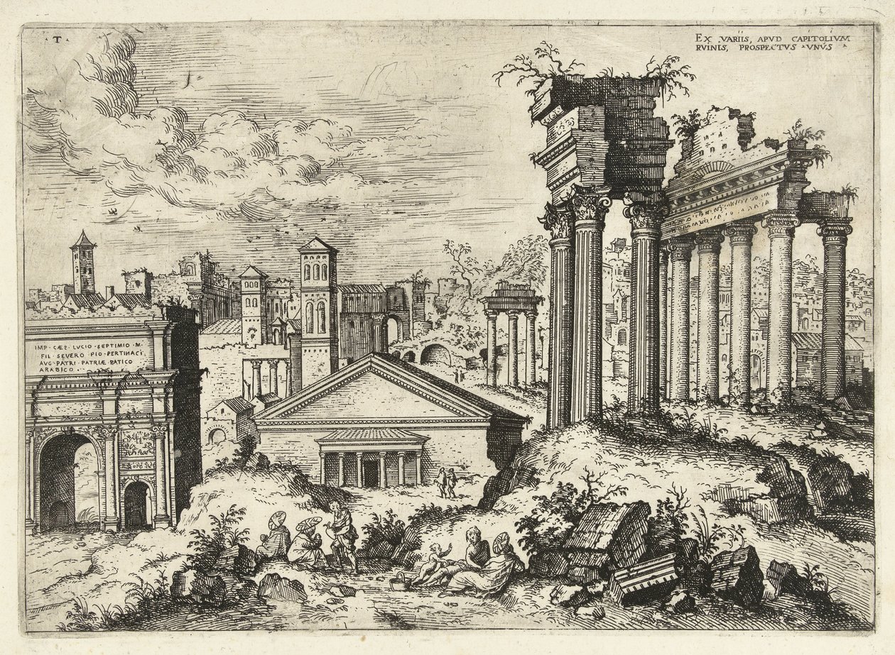 Utsikt över Forum Romanum från Capitolium Ex variis, apvd capitolvm rvinis (...) (titel på objekt) Romerska ruiner (serietitel) av Hieronymus Cock