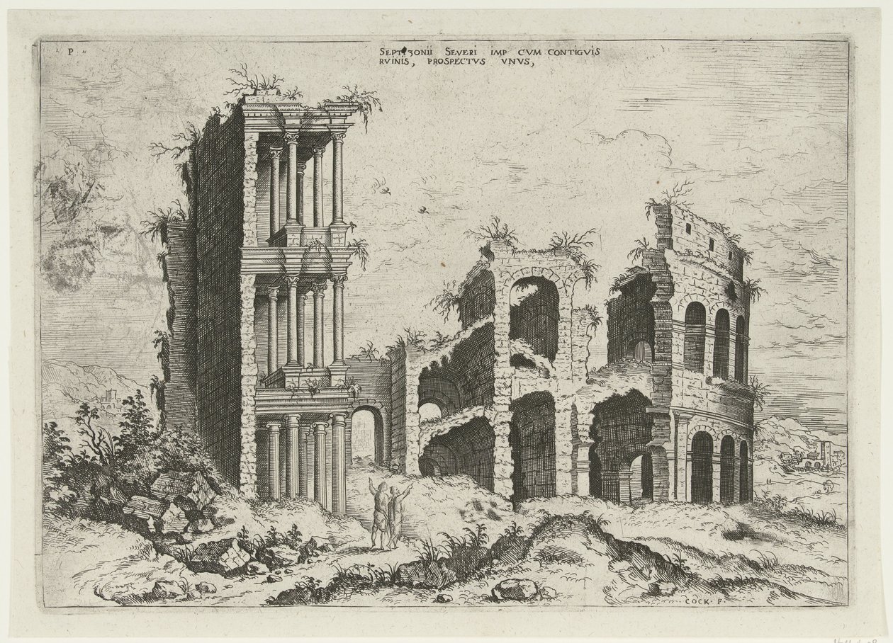 Utsikt över Septizonium och Colosseum i Rom Septizonii Severi Imp (...) (titel på objekt) Romerska ruiner (serietitel) av Hieronymus Cock