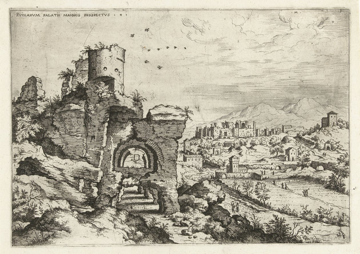 Utsikt över Palatine Hill på Caracalla-baden Rvinarvm palatii maioris prospects 4 (titel på objekt) Romerska ruiner (serietitel) av Hieronymus Cock