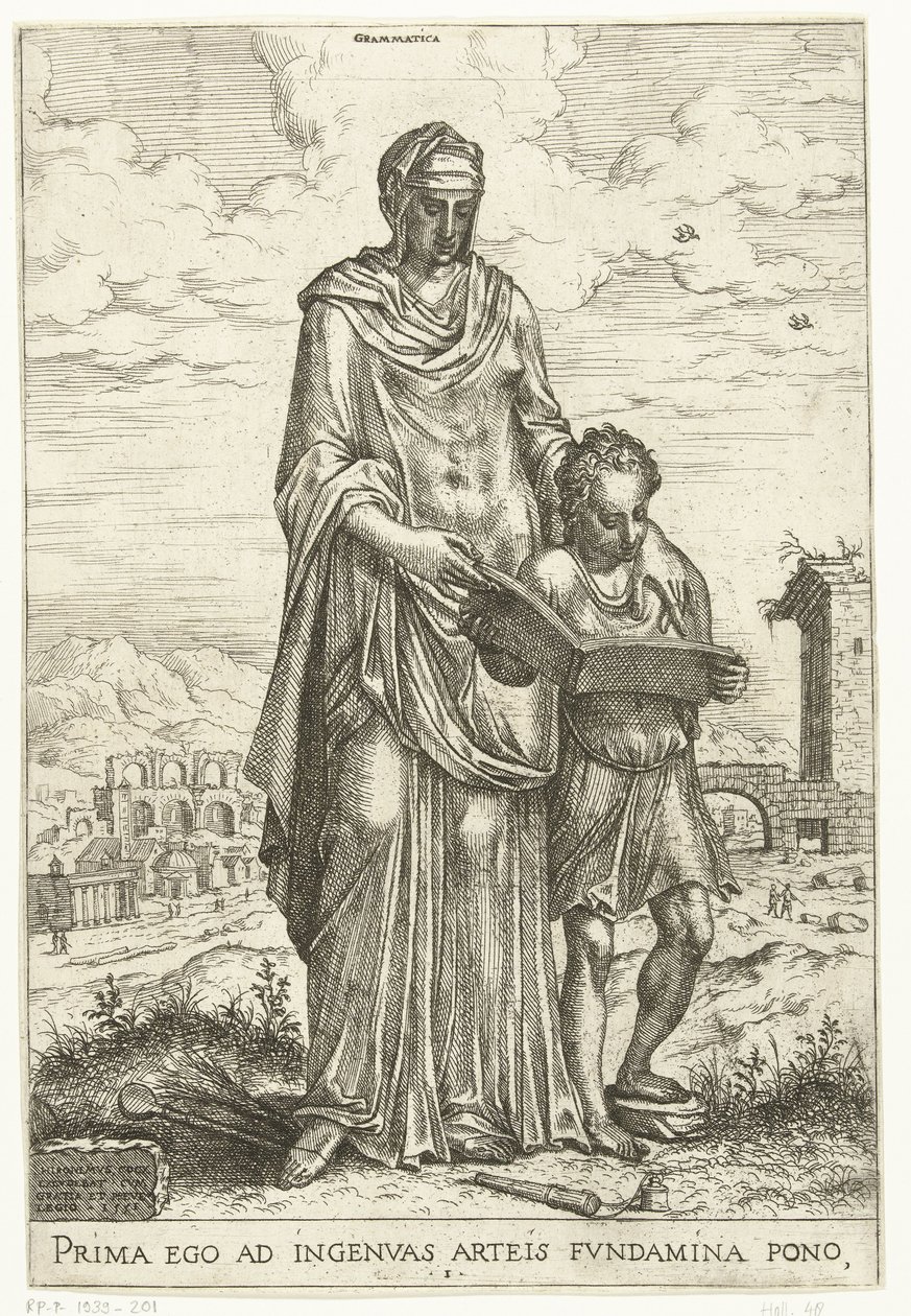 Grammatik (titel på objekt) Liberal Arts och Minerva, Apollo och Industria (serietitel) av Hieronymus Cock