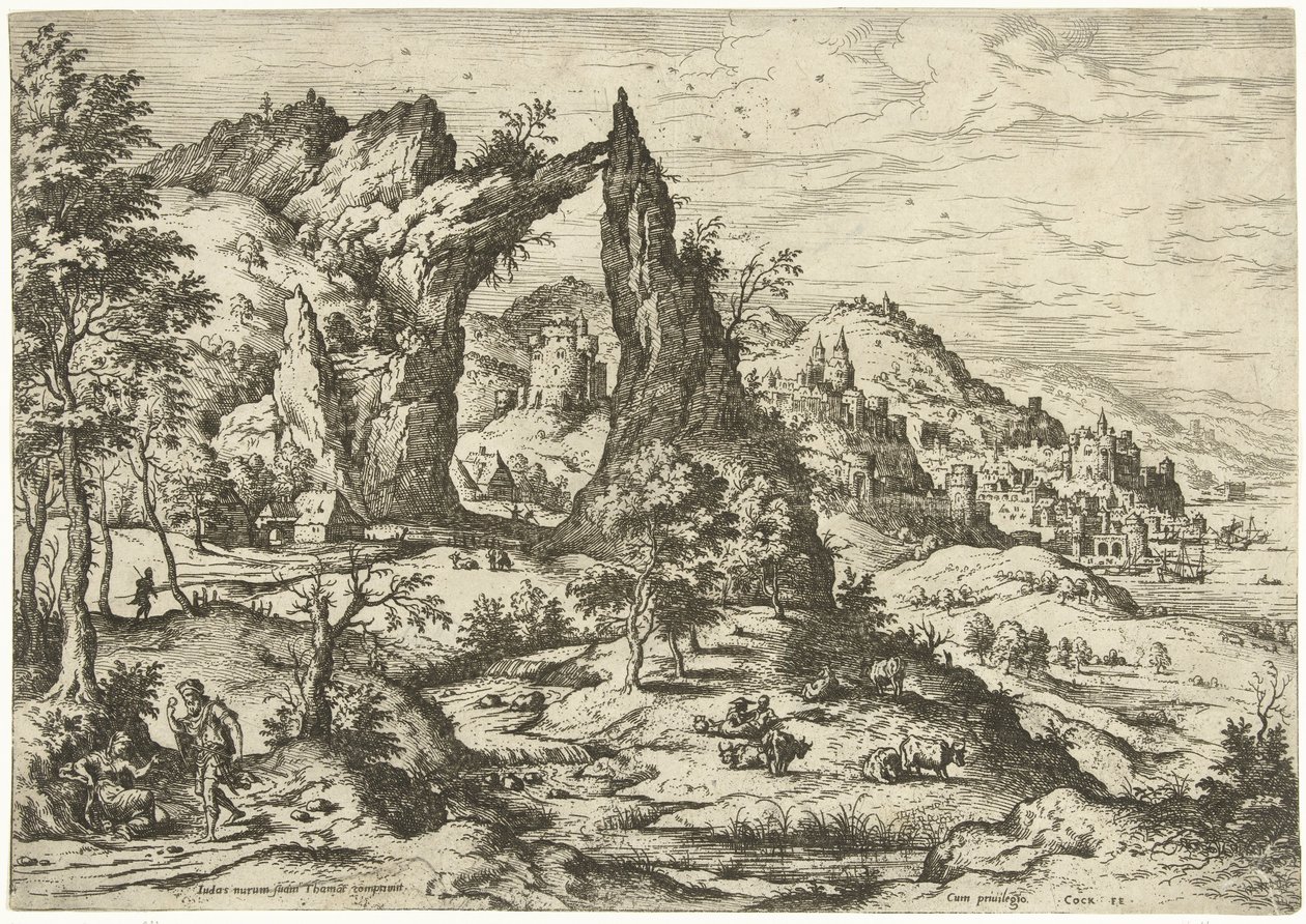 Juda och Tamar Landskap med bibliska och mytologiska scener (serietitel) av Hieronymus Cock