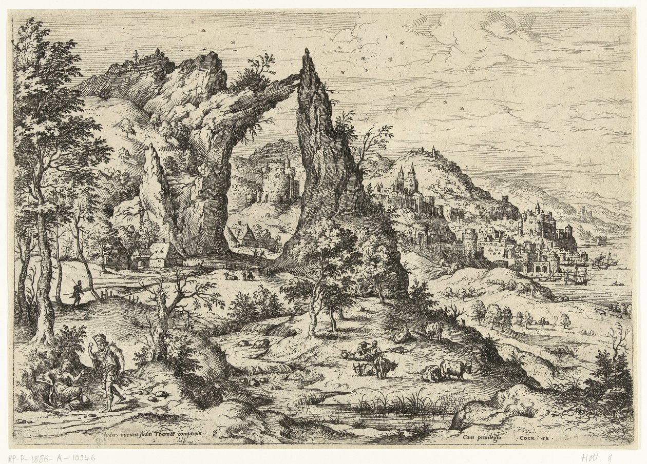 Juda och Tamar Landskap med bibliska och mytologiska scener (serietitel) av Hieronymus Cock