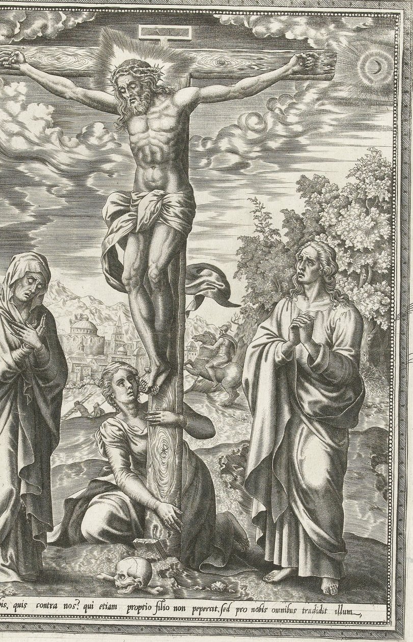 Korsfästelse med Maria, Johannes Döparen och Maria Magdalena av Hieronymus Cock