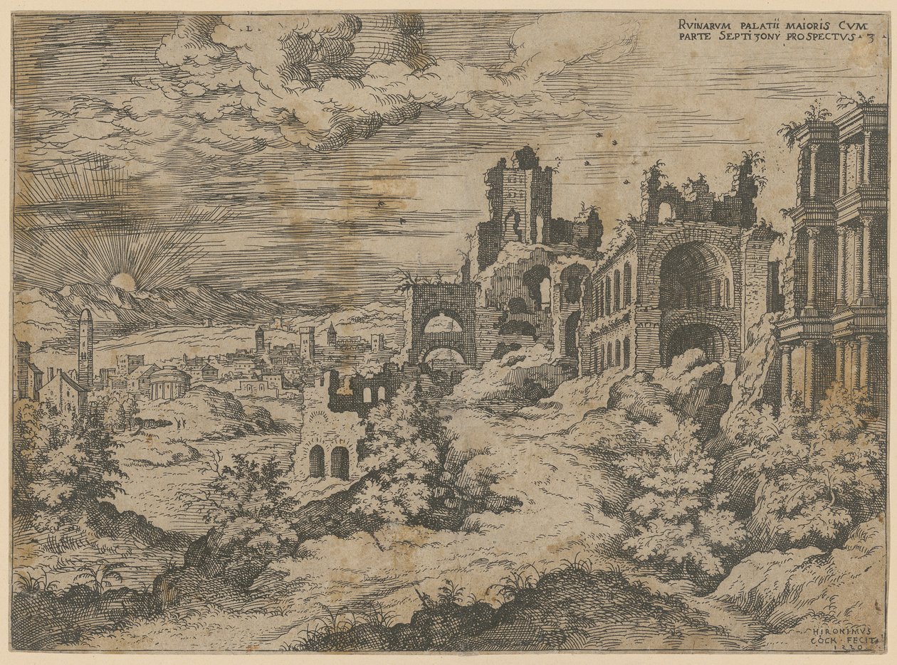 Palatinsruinerna med utsikt över landskapet, blad 3 i serien ”Praecipua aliquot Romanae Antiquitatis Ruinarum Monimenta [...]” av Hieronymus Cock