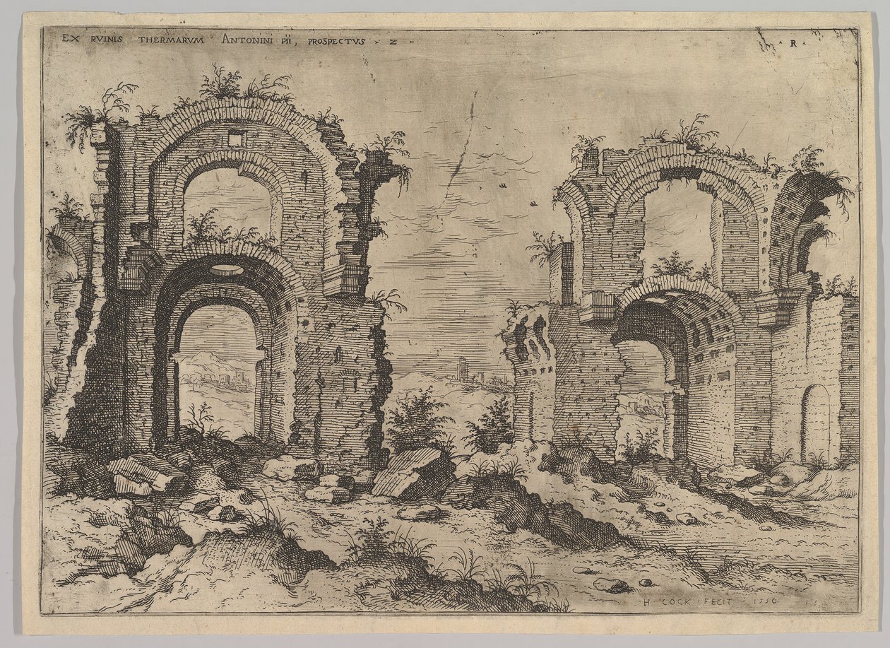 Andra utsikten över Diocletianus bad, från uppsättning av romerska ruiner, 1550. av Hieronymus Cock
