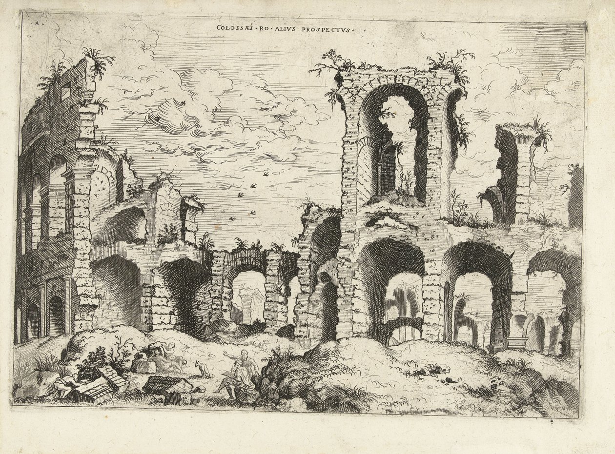 Andra utsikten över Colosseum i Rom Collossæi ro alivs prospectvs (titel på objekt) Romerska ruiner (serietitel) av Hieronymus Cock