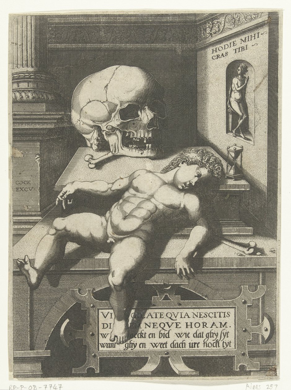 Vanitas föreställning med barn och skalle (Hodi mihi krat tibi / Today I, tomorrow du) av Hieronymus Cock
