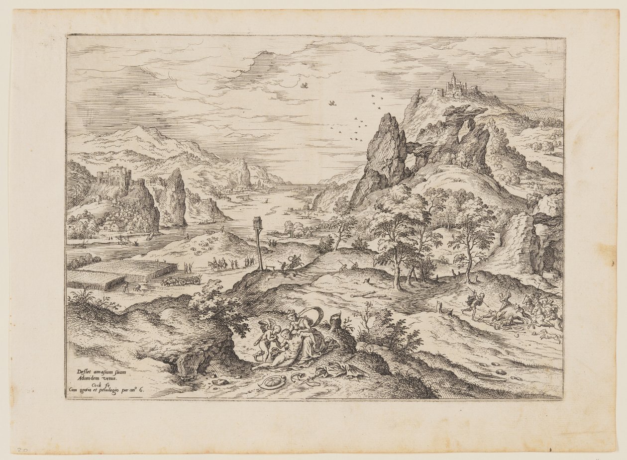 Venus och Adonis, ur Landskap med bibliska och mytologiska scener av Hieronymus Cock