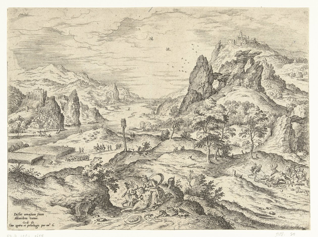 Venus sörjer Adonis död Landskap med bibliska och mytologiska scener (serietitel) av Hieronymus Cock