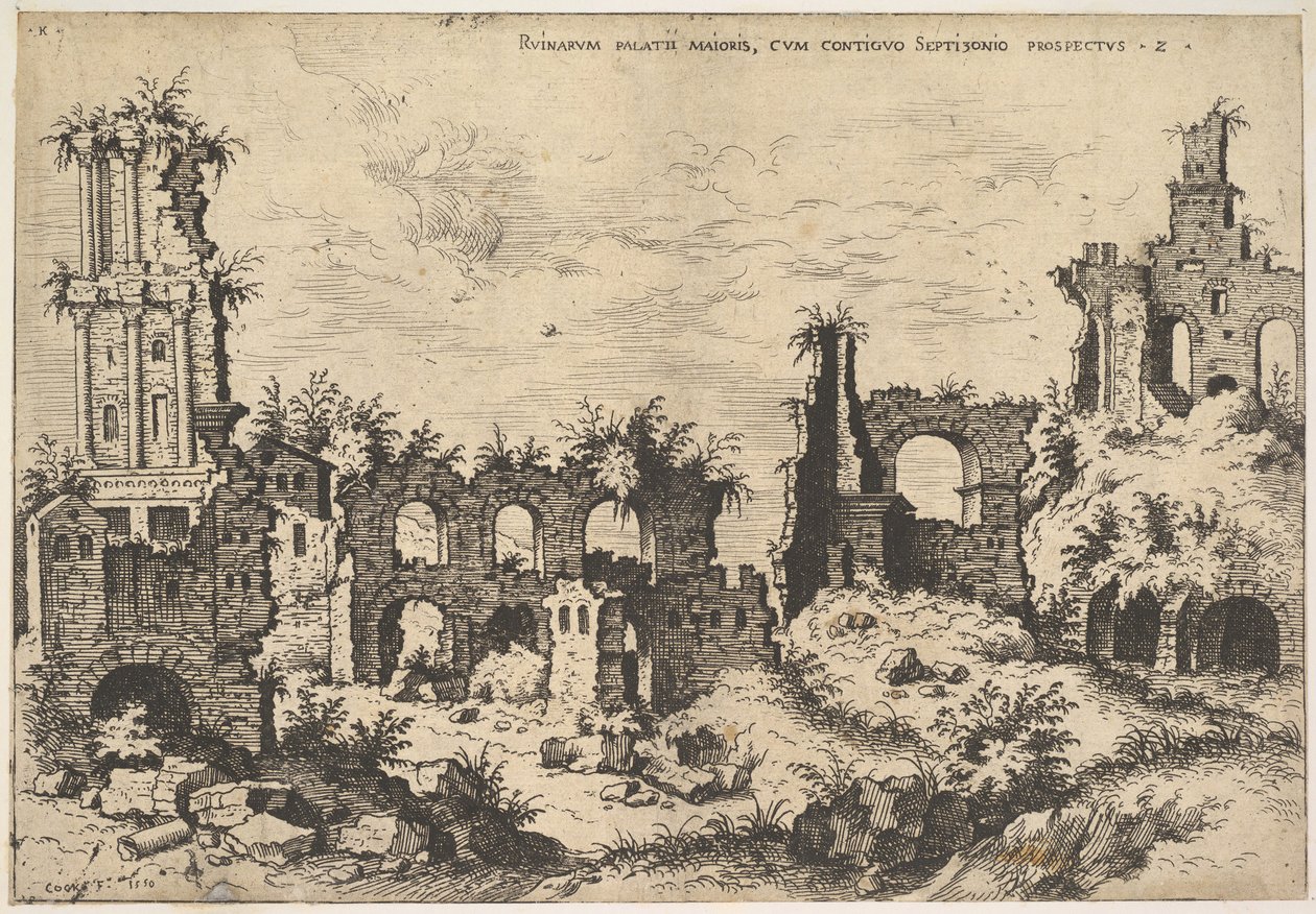 Utsikt över ruiner på Palatinerkullen med trabeated fasad till vänster och arkader i mitten, fr..., 1550. av Hieronymus Cock