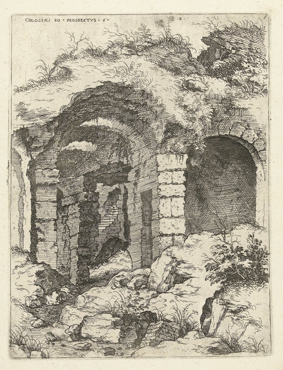 Sjätte utsikten över Colosseum i Rom Colossi to prospect vs 6 (titel på objekt) Romerska ruiner (serietitel) av Hieronymus Cock
