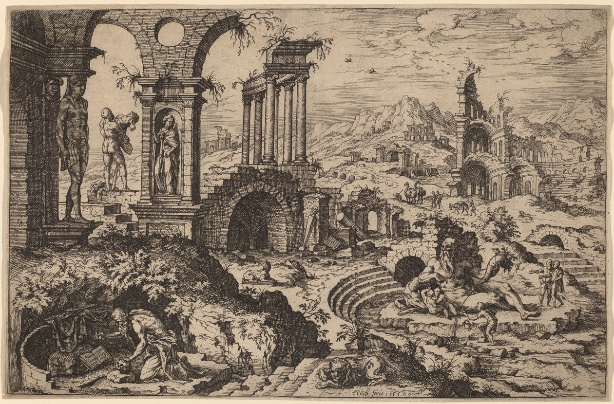 Saint Hieronymus i ett landskap med ruiner av Hieronymus Cock after Maerten van Heemskerck