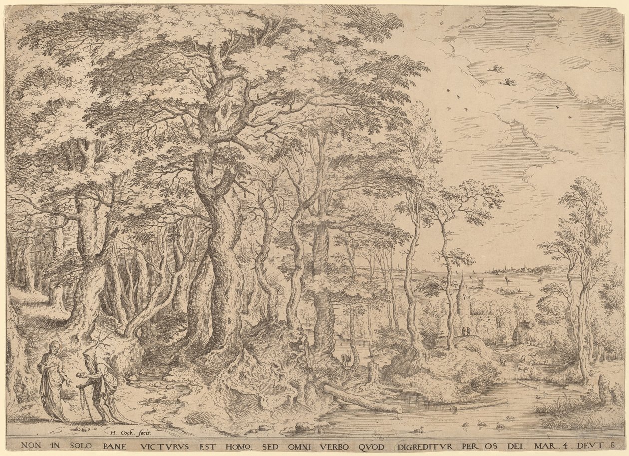 Landskap med Kristi frestelse av Hieronymus Cock after Pieter Bruegel the Elder