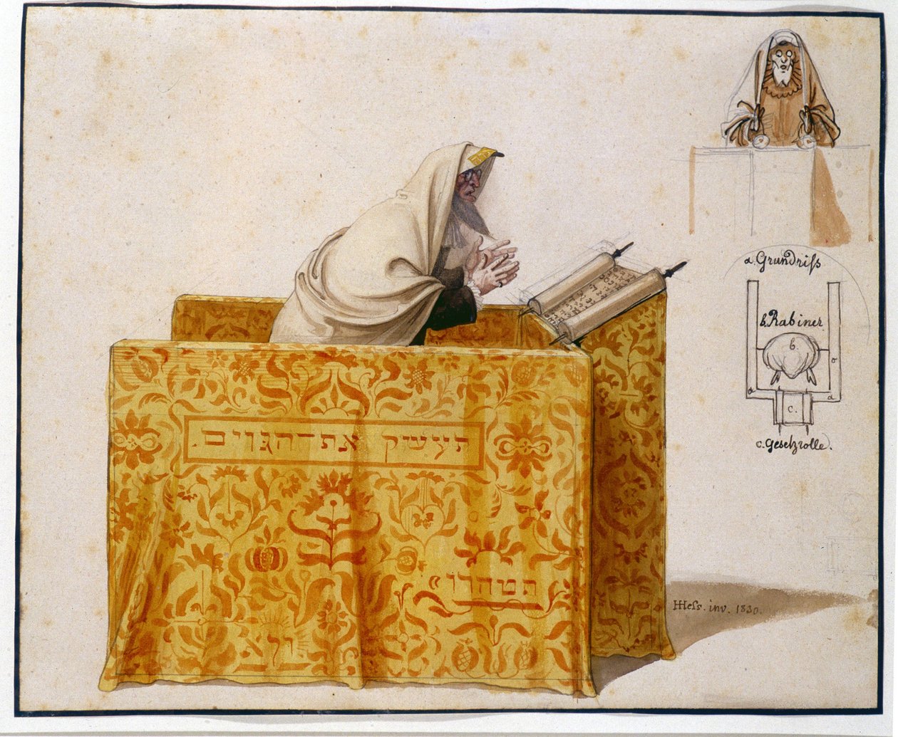 Akvarell, fjäder, 27 x 33 cm. Rabbi i en synagoga, teckning av Hieronymus Hess (1799 - 1850), projekt för statyett. (JM 1190) Judiska museet Basel, Schweiz. av Hieronymus Hess