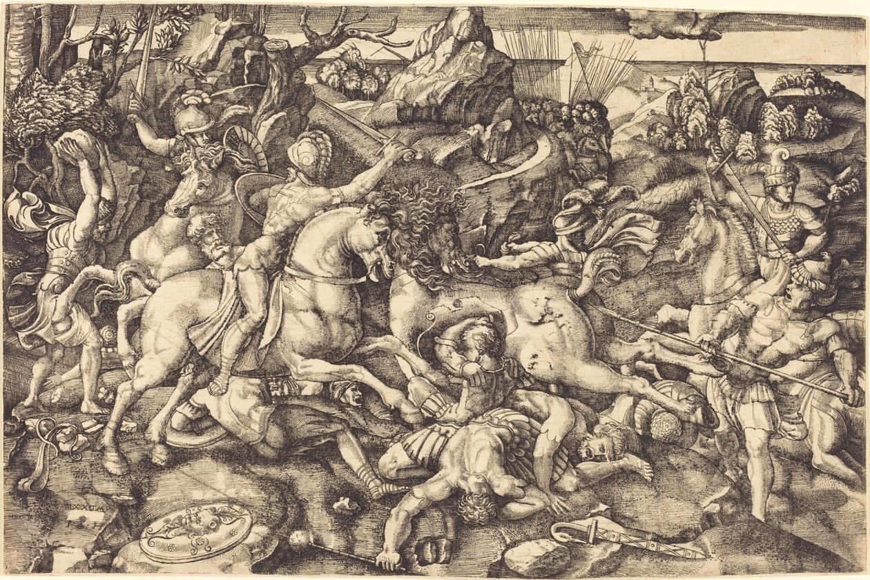 Strid mellan ryttare och fotsoldater av Hieronymus Hopfer after Raphael