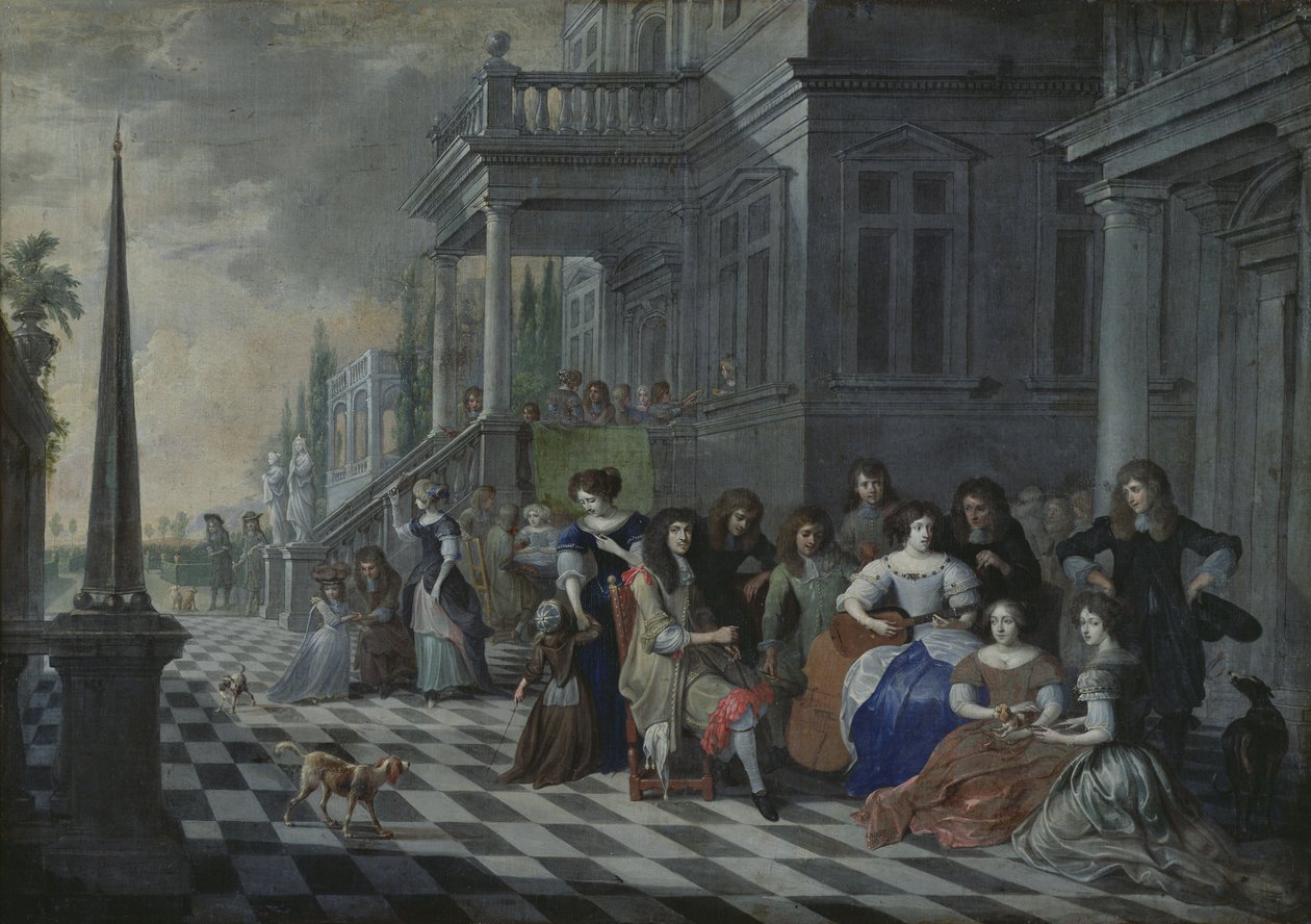 Karaktärer som gör musik framför ett palats, 1672 av Hieronymus Janssens