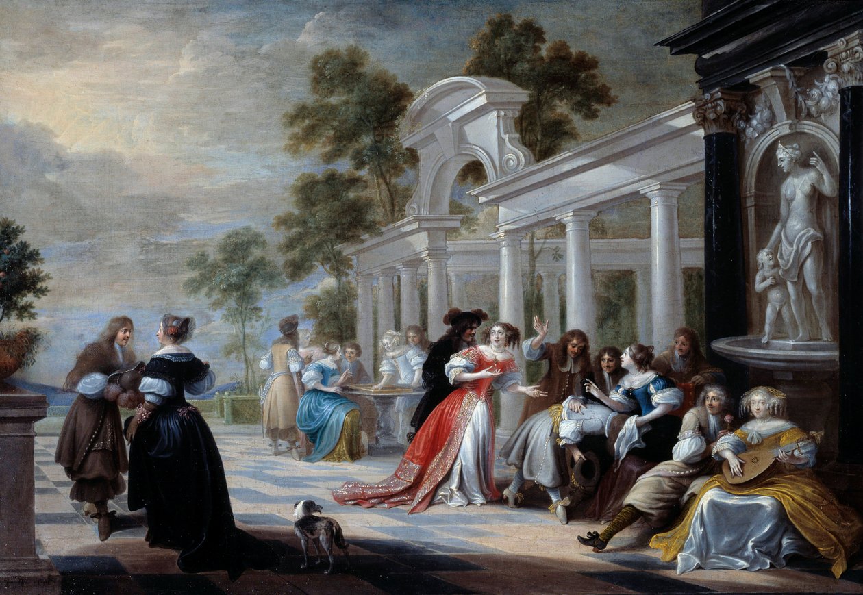 Spelet Hot Hand Unga människor från den flamländska adeln spelar i en park. Målning av Hieronymus Janssens dit le Dancer (1624-1693) 1600-talet sön. 0,58x0,83 m av Hieronymus Janssens