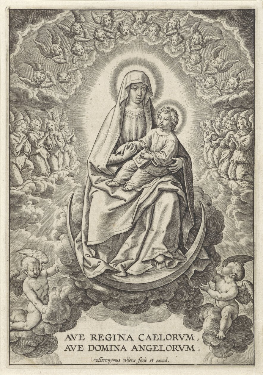 Maria med Kristusbarnet på halvmånen Ave Regina Caelorvm, Ave Domina Angelorvm (titel på objekt) av Hieronymus Wierix