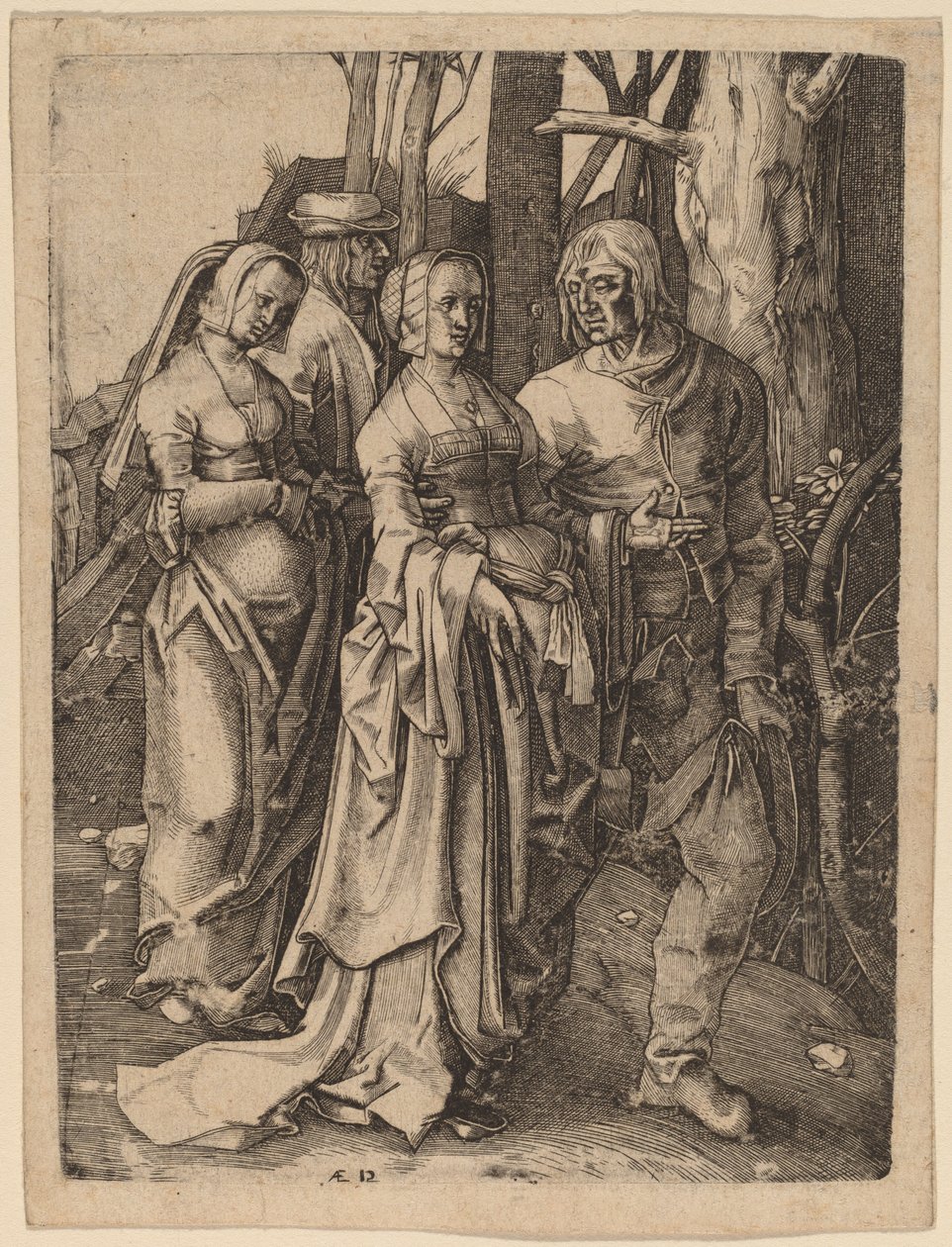 De två paren i skogen av Hieronymus Wierix after Lucas van Leyden