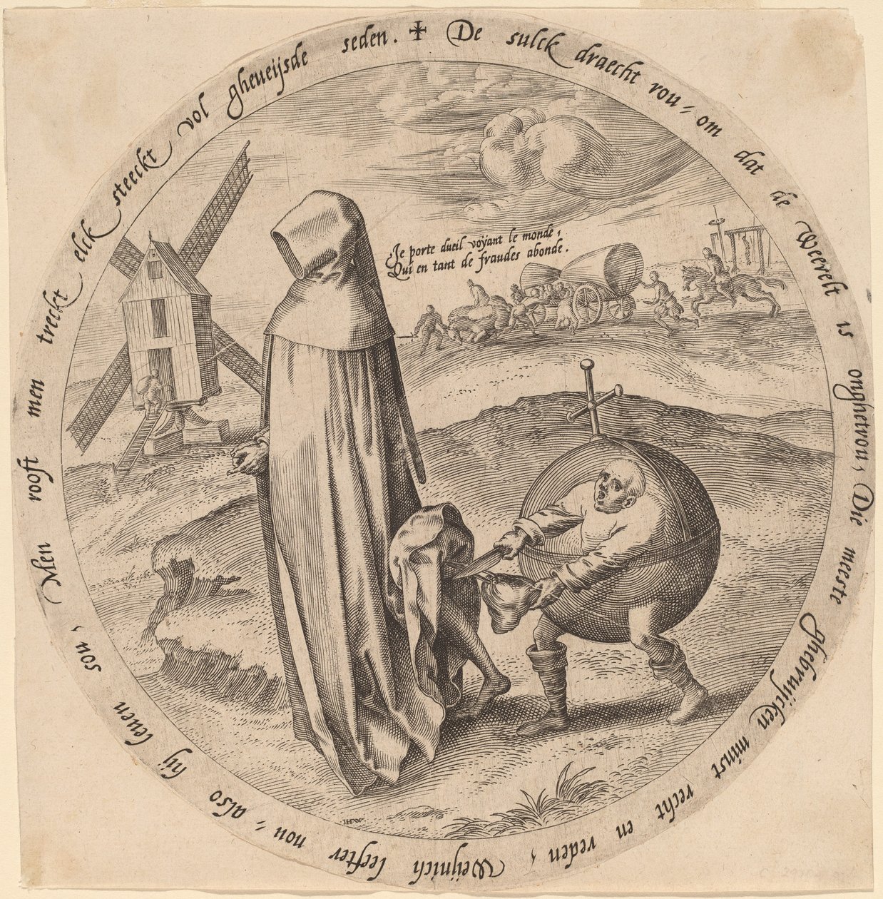 Misantropen rånad av världen av Hieronymus Wierix after Pieter Bruegel the Elder