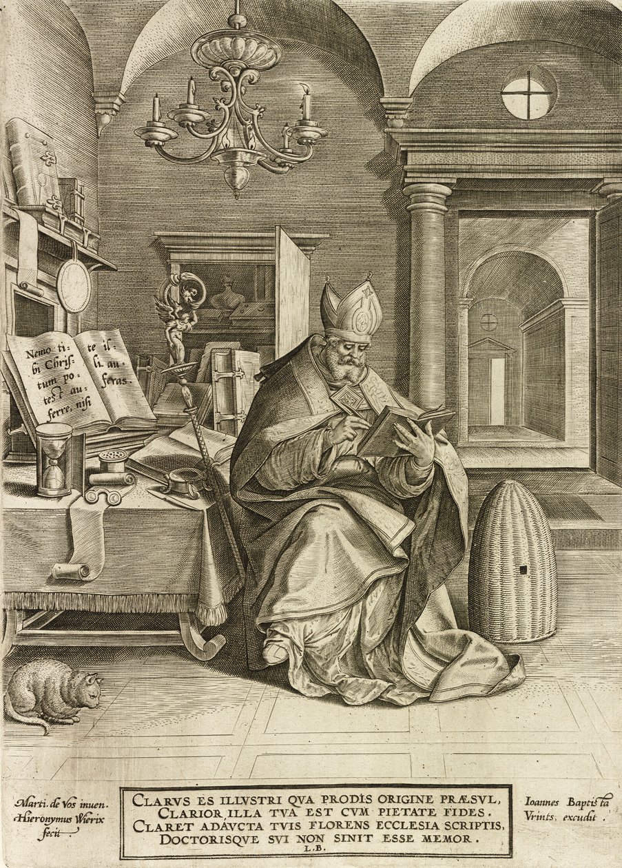 Saint Ambrose, från serien Kyrkans fyra fäder, pub. 1586 av Hieronymus or Jerome Wierix