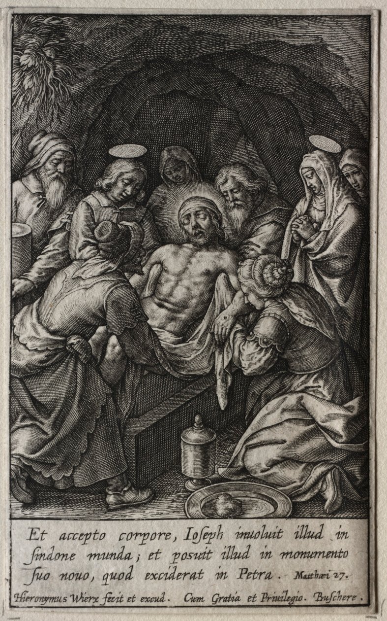 Passionen: Gravläggningen. av Hieronymus or Jerome Wierix