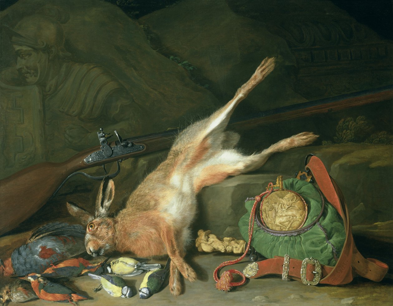 Stilleben av en hare med jaktutrustning (för par se 93439) av Hieronymus the Elder Galle
